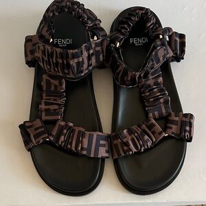 Women's Black and Brown Logo Sandals